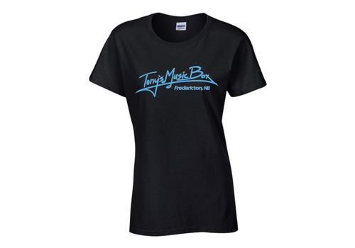 Tony's Music Box T-Shirts Fredericton Womens - L - Black w. Blue Logo 