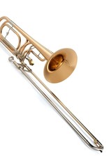 Kühnl & Hoyer Kuhnl & Hoyer F/D/Bb/Ab-Contra Bass Trombone with Hagmann Valves.  Gold brass bell Ø 270 mm (10.629”), bore 14,3/15,0 mm (0.563/0.591”), nickel silver slide with exchangeable lead pipe, straight grip brace on body, curved grip brace on slide, extended