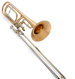 Kühnl & Hoyer Kuhnl & Hoyer F/D/Bb/Ab-Contra Bass Trombone with Hagmann Valves.  Gold brass bell Ø 270 mm (10.629”), bore 14,3/15,0 mm (0.563/0.591”), nickel silver slide with exchangeable lead pipe, straight grip brace on body, curved grip brace on slide, extended