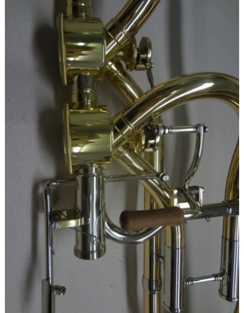 Kühnl & Hoyer Kuhnl & Hoyer F/D/Bb/Ab-Contra Bass Trombone with Hagmann Valves.  Gold brass bell Ø 270 mm (10.629”), bore 14,3/15,0 mm (0.563/0.591”), nickel silver slide with exchangeable lead pipe, straight grip brace on body, curved grip brace on slide, extended