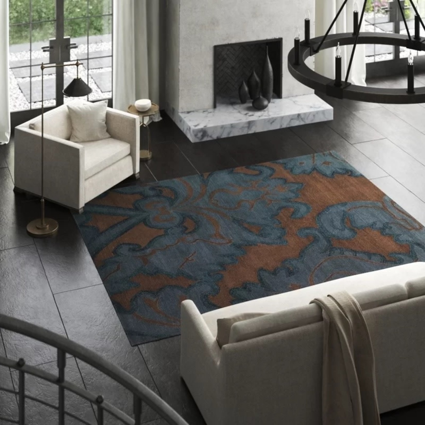 *5'6 x 8'6 Implied Damask Hand-Knotted Wool/Silk Blue/Brown Area Rug