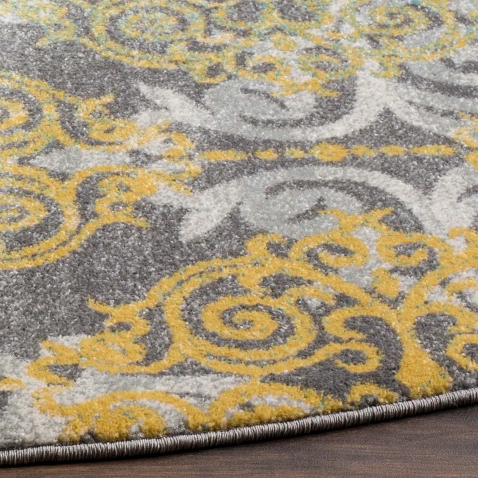 *3' Round Elson Damask Gray/Yellow Area Rug