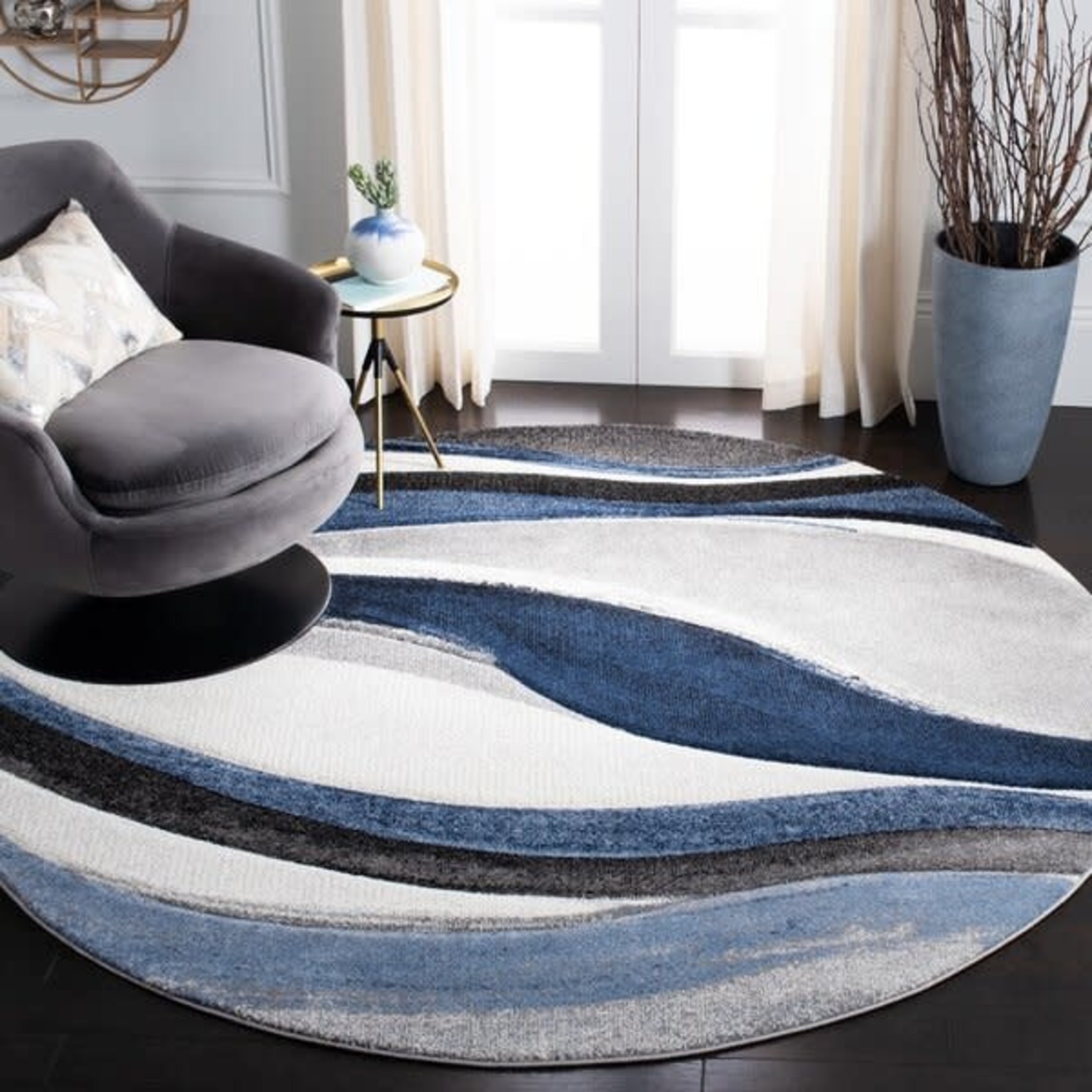 *4' Round Tornillo Abstract Gray/Blue Area Rug