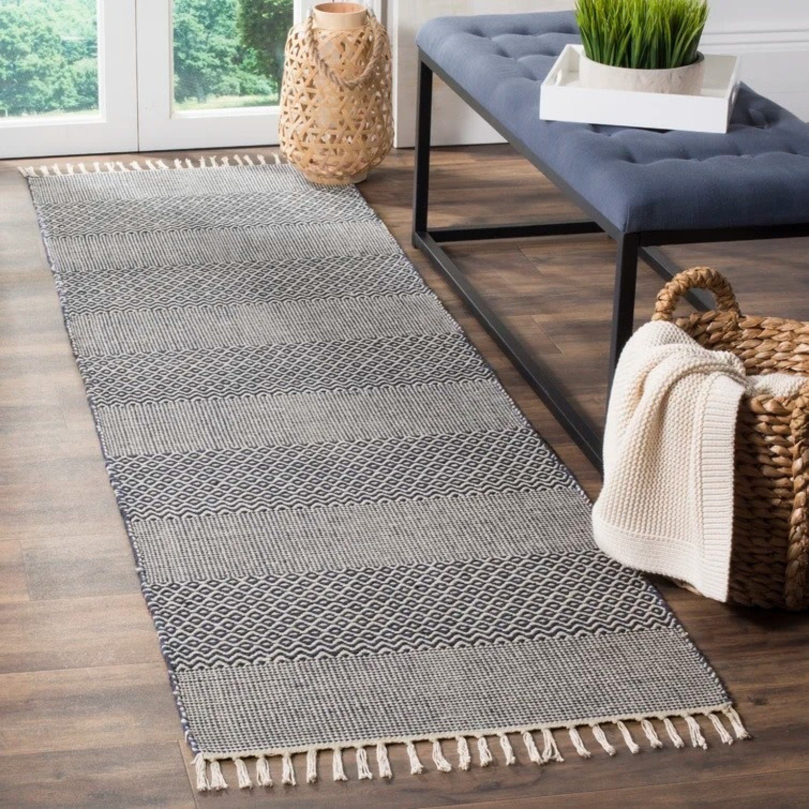 *2'3" x 6' Annia Striped Hand-Woven Flatweave Cotton Ivory/Navy Area Rug