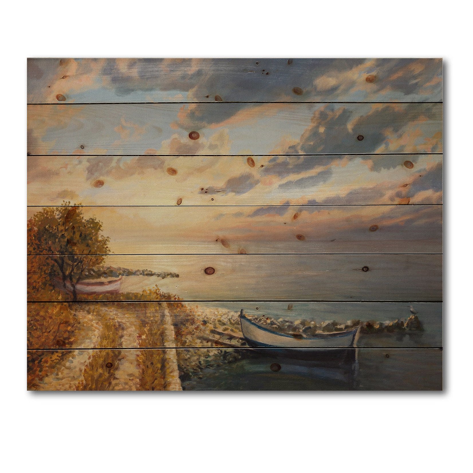 *25" x 35" Romantic Sunrise By The Sea - Nautical & Coastal Print On Natural Pine Wood
