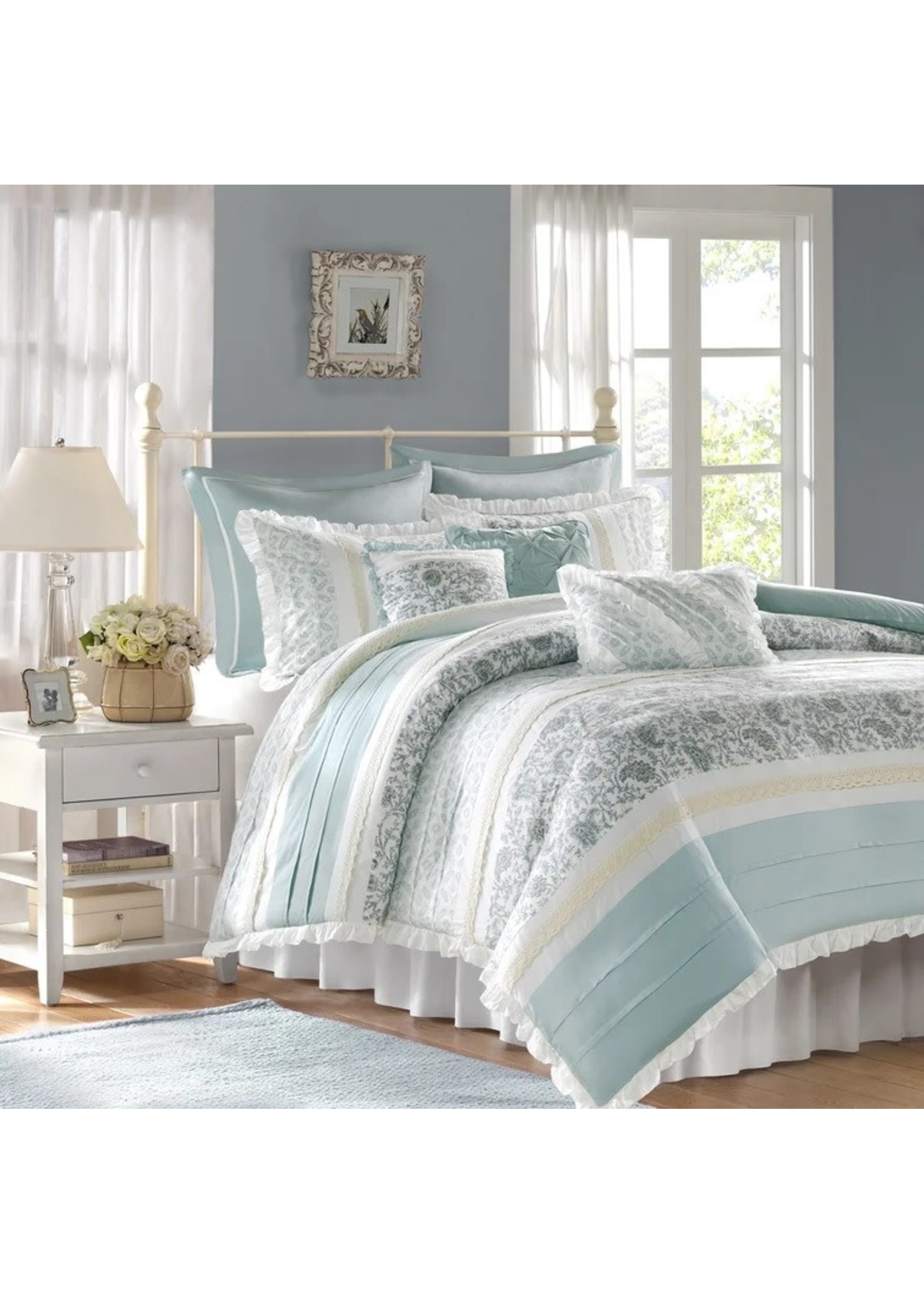 *Queen Hailee Standard Cotton Reversible 9 Piece Comforter Set - Baby Blue - Final Sale