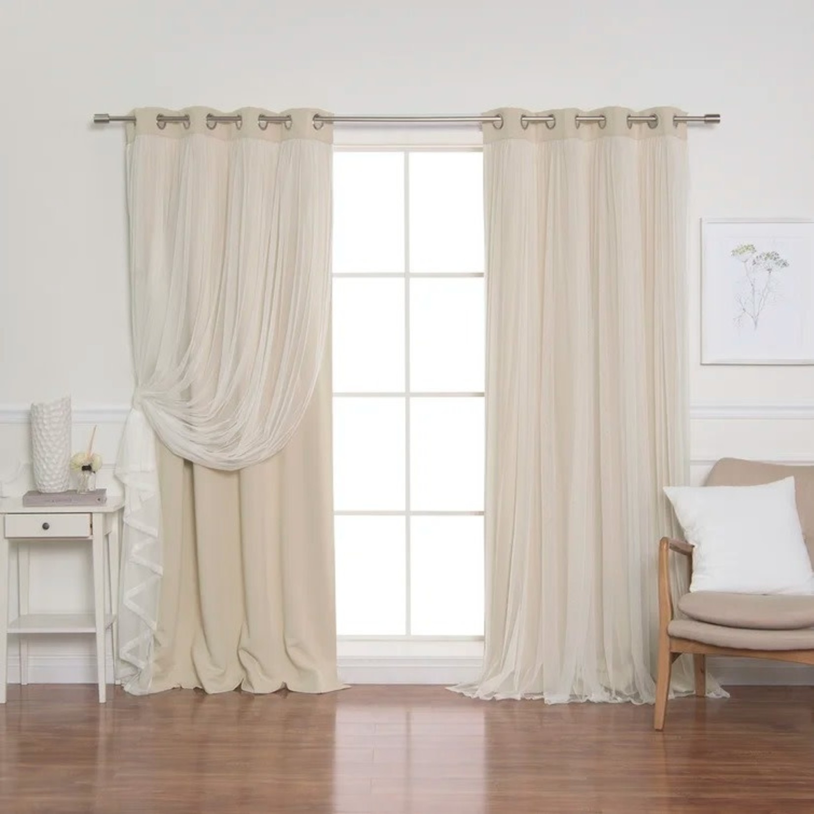 *52" x 96" Brockham Solid Tulle Overlay Room Darkening Grommet Curtain Panels - Set of 2 - Beige