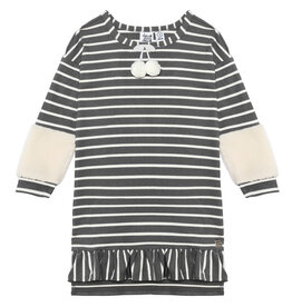 Deux Par Deux Grey Striped Dress w/Pompon & Sherpa Detail