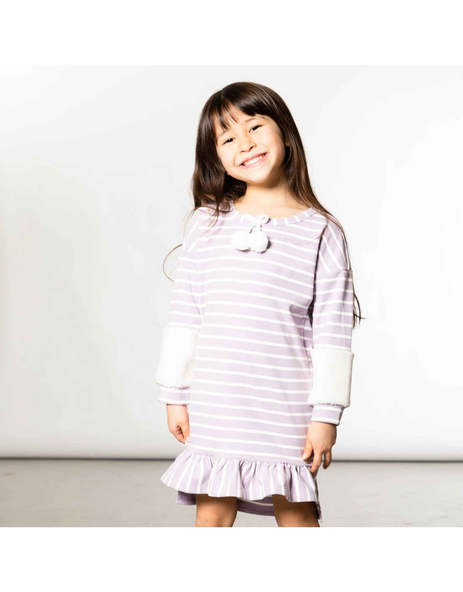 Deux Par Deux Lilac Striped Dress w/Pompon & Sherpa Detail