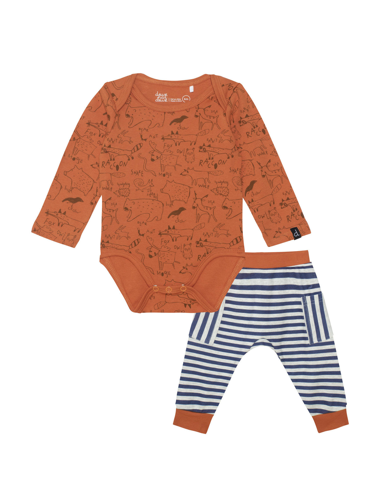 Deux Par Deux Orange Fox Top & Stripe Pant Set