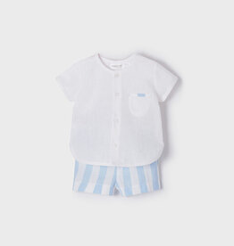 Mayoral Button Shirt & Striped Short Trousers Set