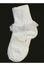 Lito Girls Christening Socks w/ Embroidered Cross and Lace Trim