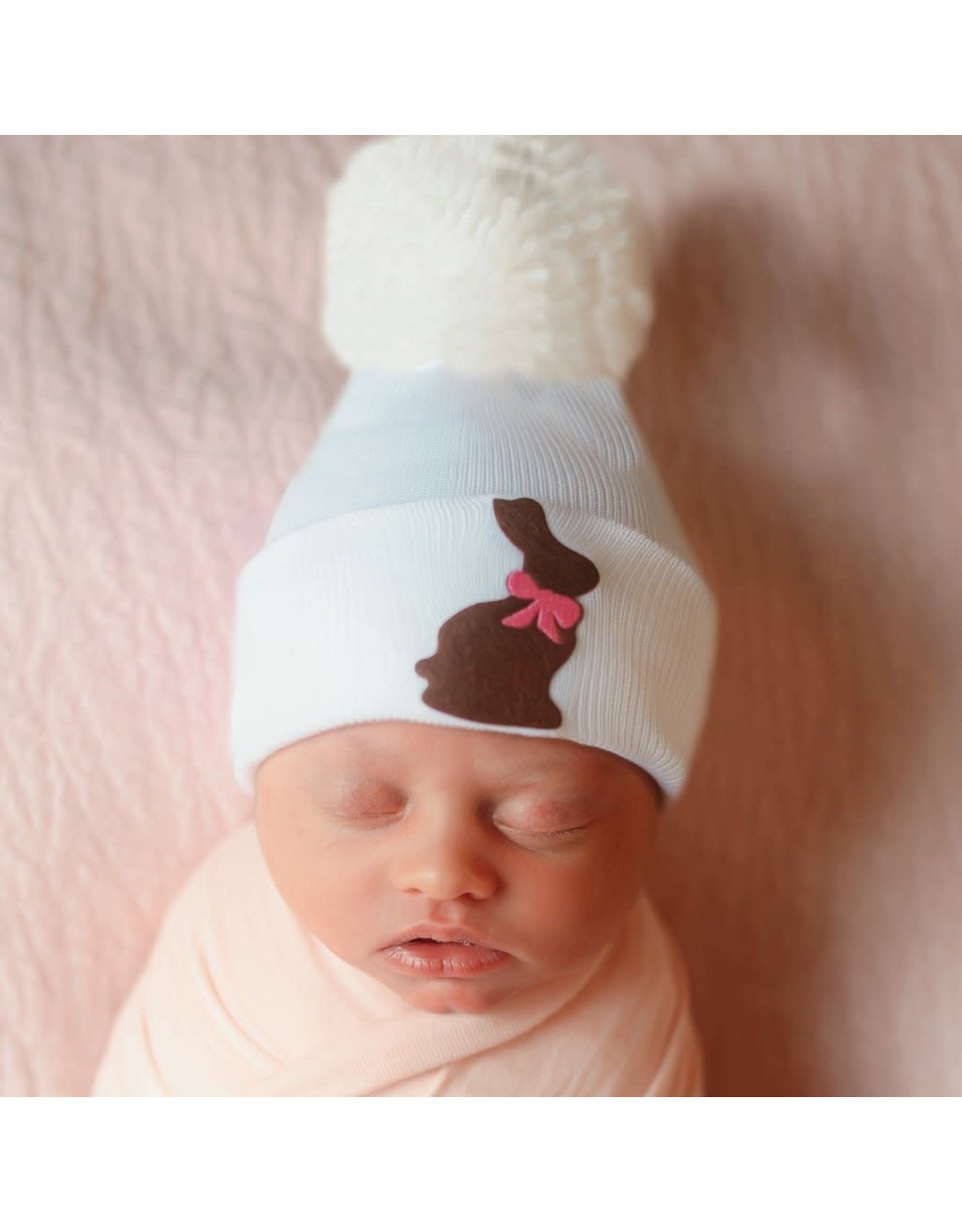 ilybean Nursery Beanie - Pink Ribbon Chocolate Bunny Pom Pom