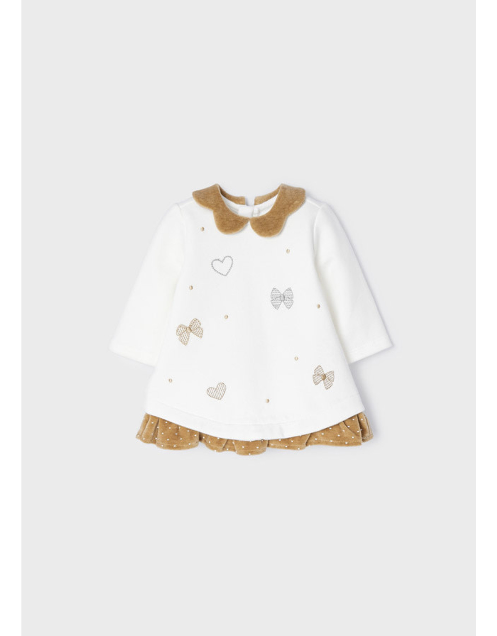 Mayoral Natural Bow Embroidered Fleece Dress