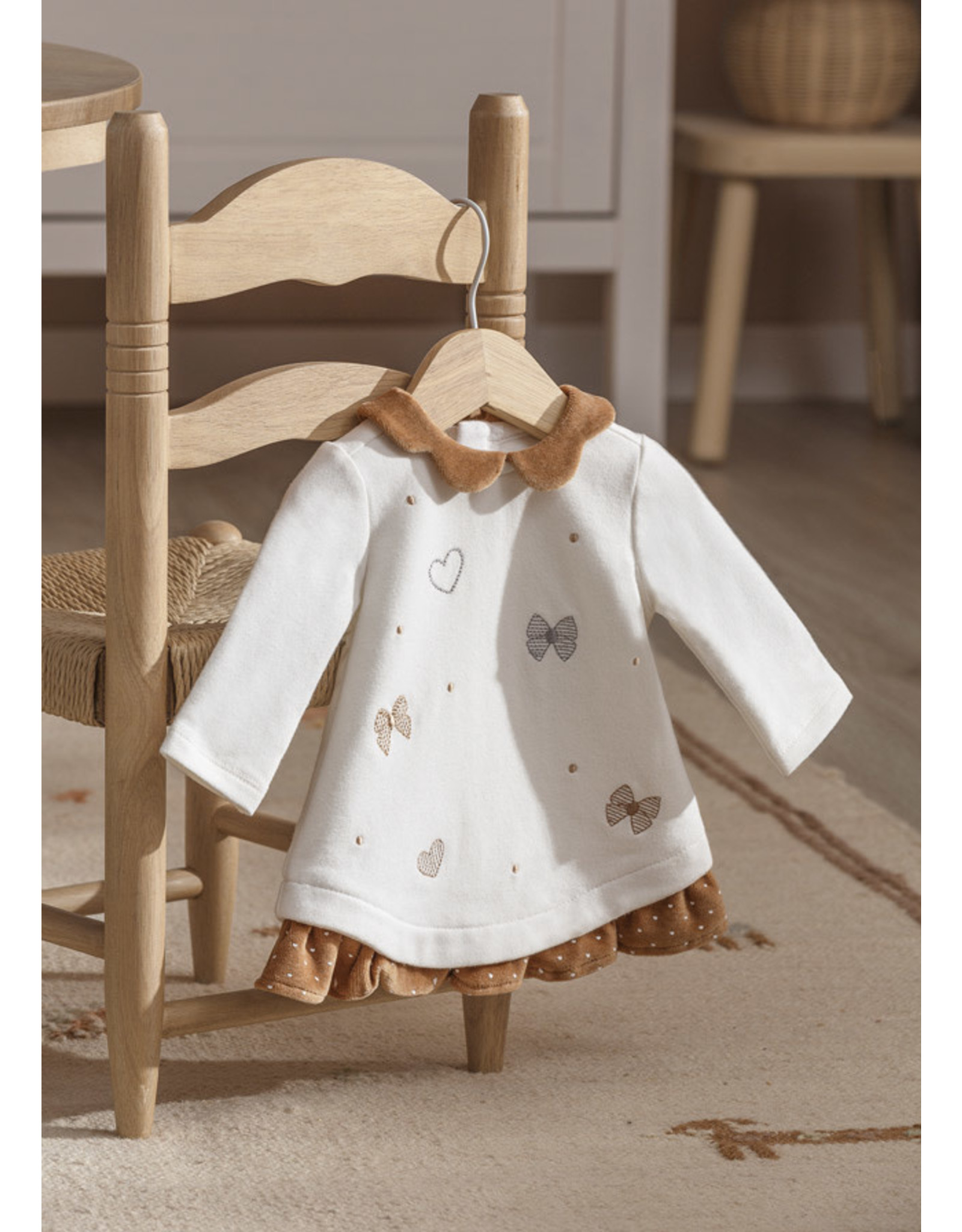 Mayoral Natural Bow Embroidered Fleece Dress