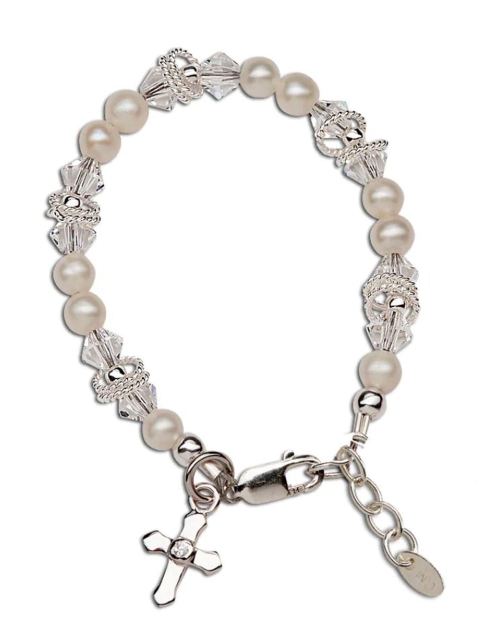 Cherished Moments Krista Sterling Silver and Freshwater Pearl Bracelet w/Cross and Twisted Rings