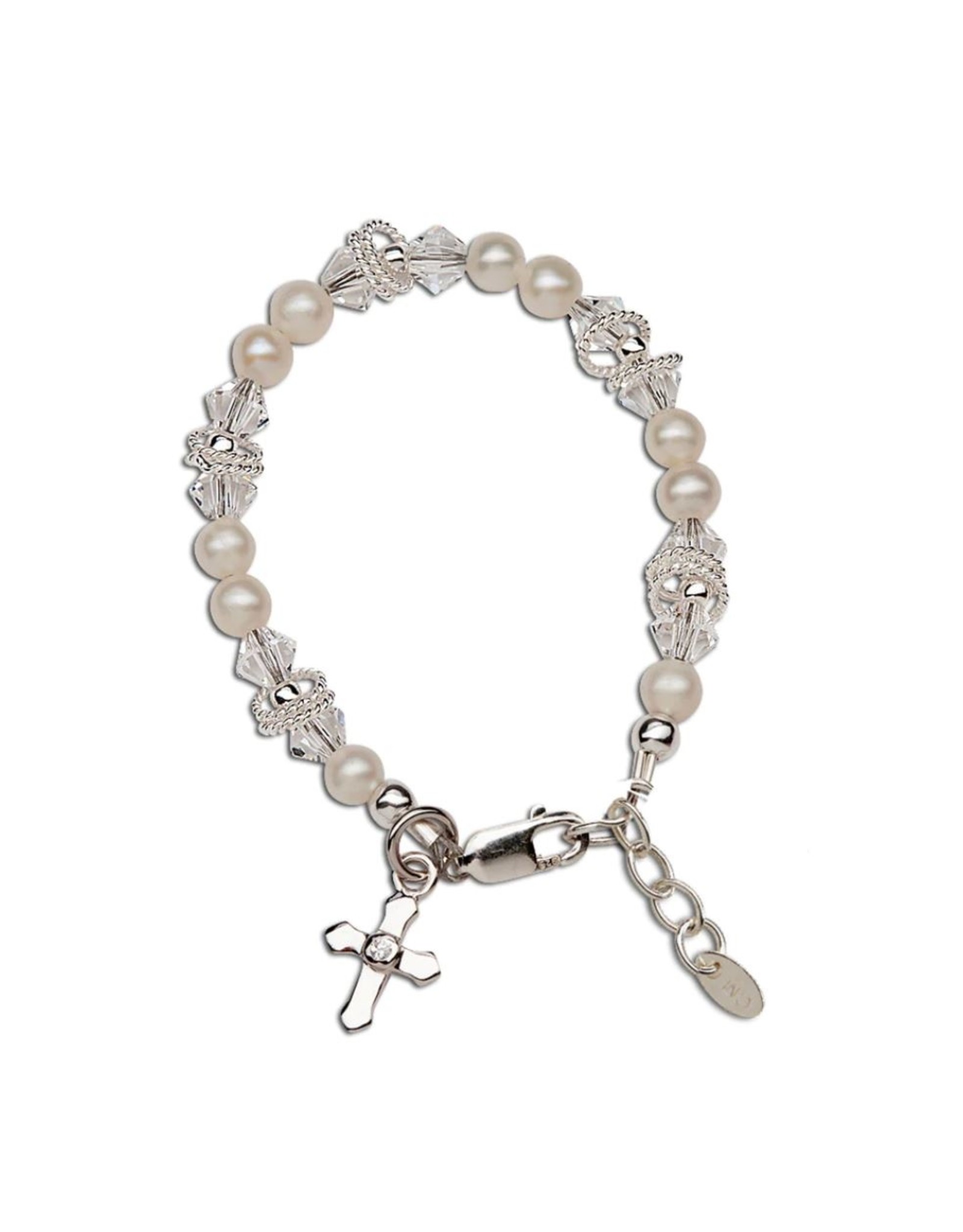 Cherished Moments Krista Sterling Silver and Freshwater Pearl Bracelet w/Cross and Twisted Rings