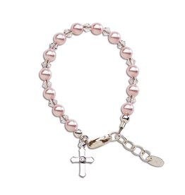 Cherished Moments Bella Silver Bracelet w/Pink Swarovski Pearls/Crystals and Cross