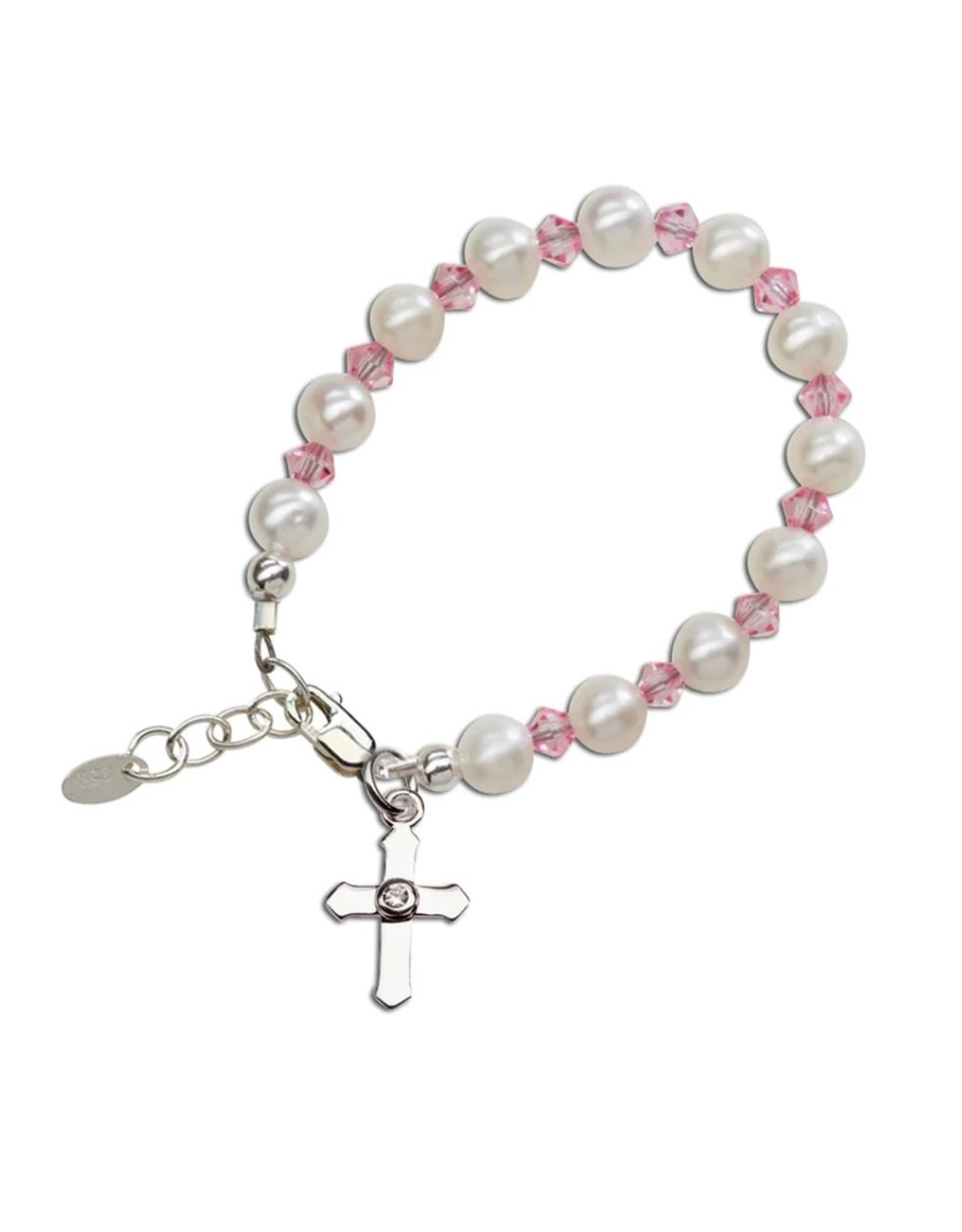 Cherished Moments Halle Silver Bracelet with Pearls, Pink Crystals/Cross