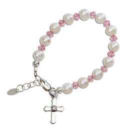 Cherished Moments Halle Silver Bracelet with Pearls, Pink Crystals/Cross