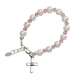 Cherished Moments Halle Silver Bracelet with Pearls, Pink Crystals/Cross