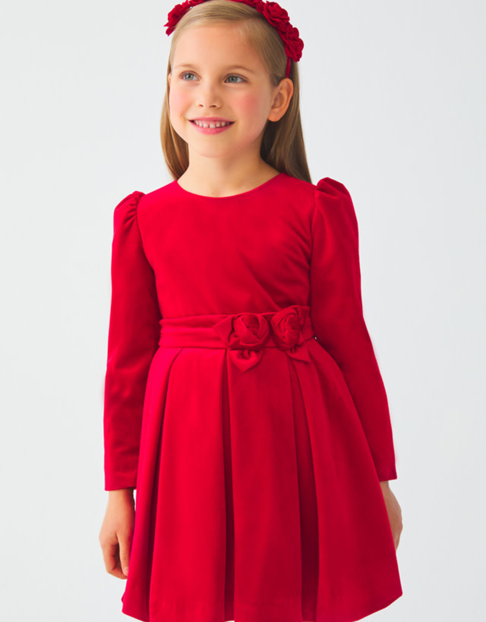 Abel & Lula Red Velvet Holiday Dress with Floral Waistband