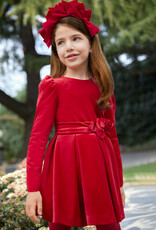 Abel & Lula Red Velvet Holiday Dress with Floral Waistband