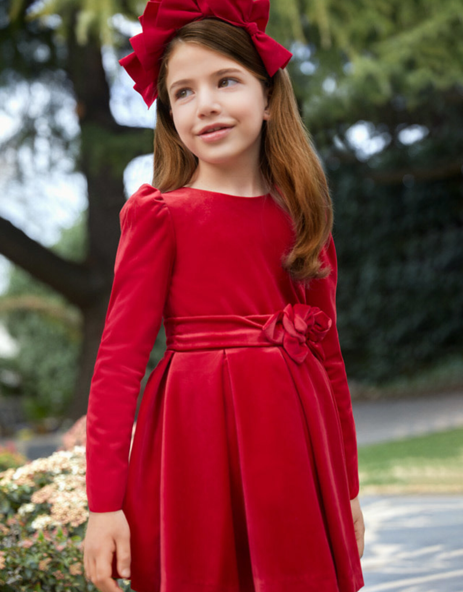 Abel & Lula Red Velvet Holiday Dress with Floral Waistband