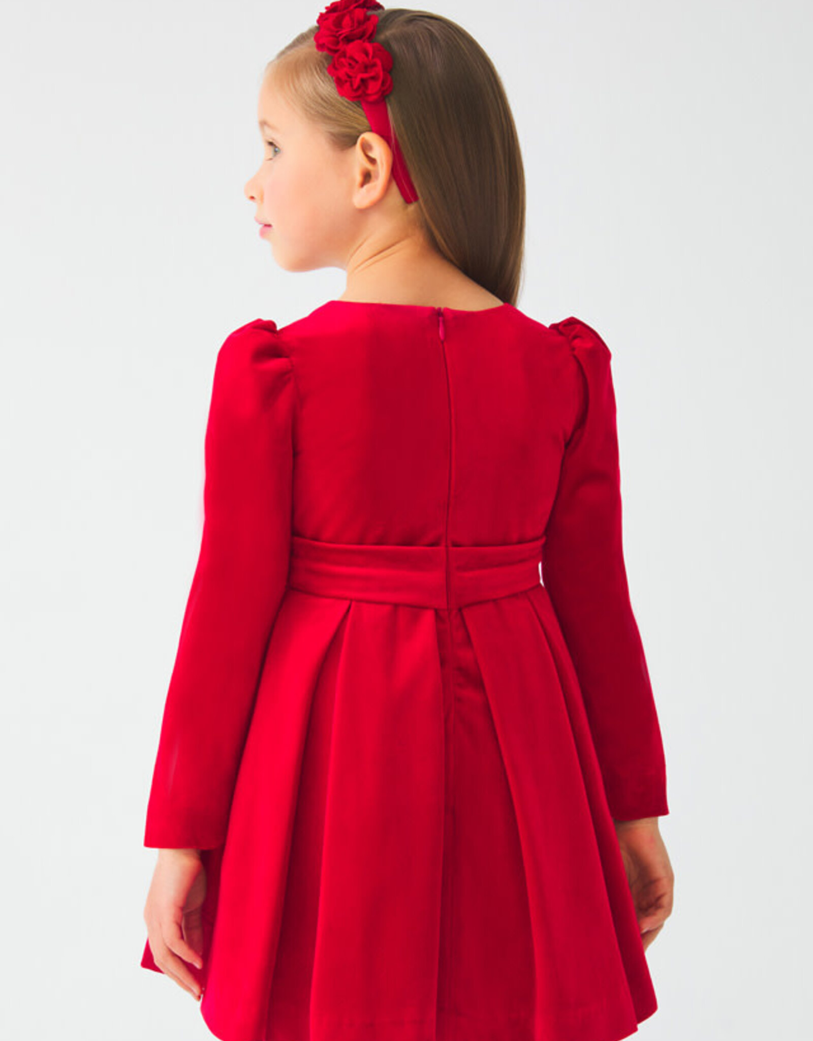 Abel & Lula Red Velvet Holiday Dress with Floral Waistband
