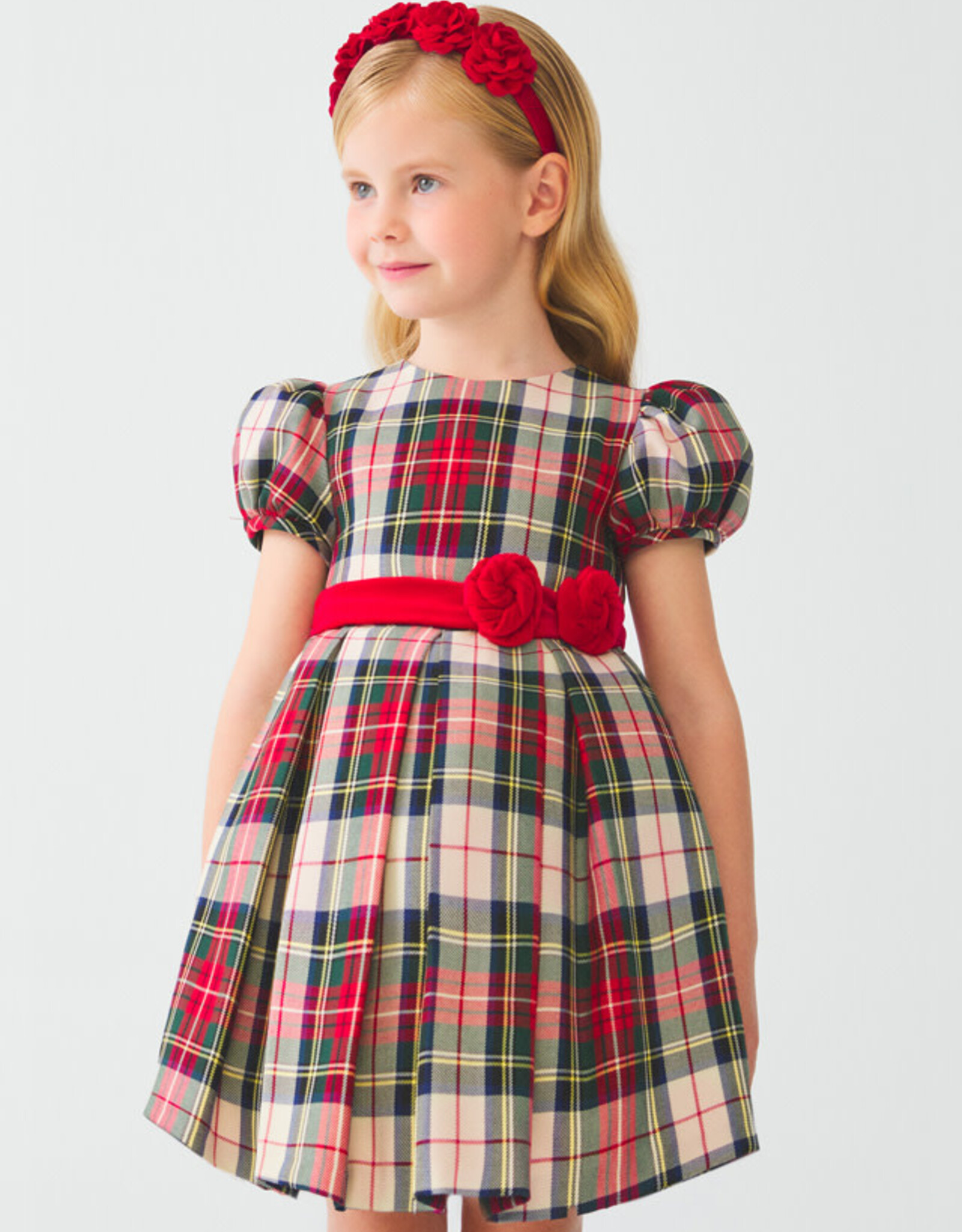 Abel & Lula Girls Red Holiday Plaid Dress w/Short Sleeves