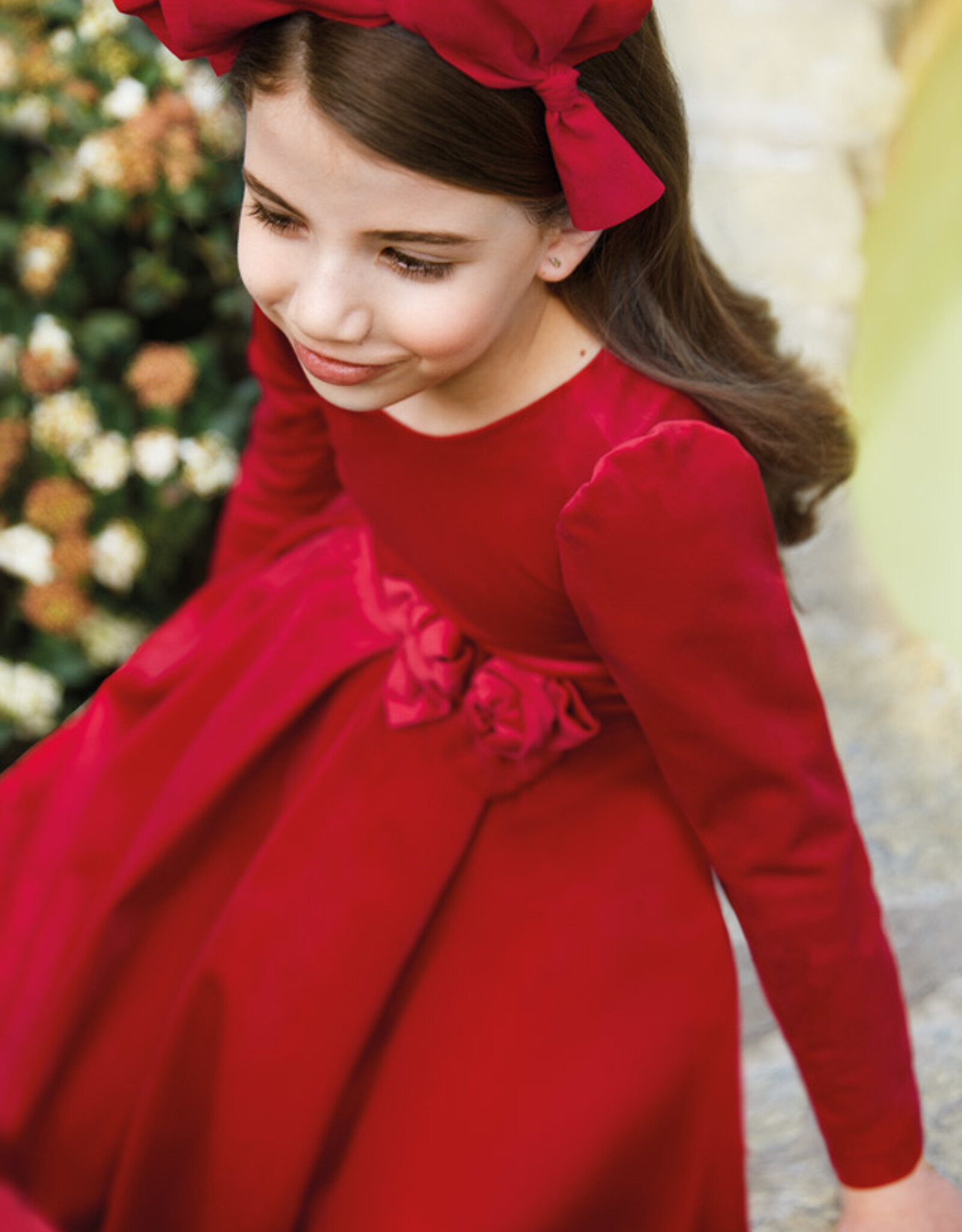 Abel & Lula Red Velvet Holiday Dress with Floral Waistband