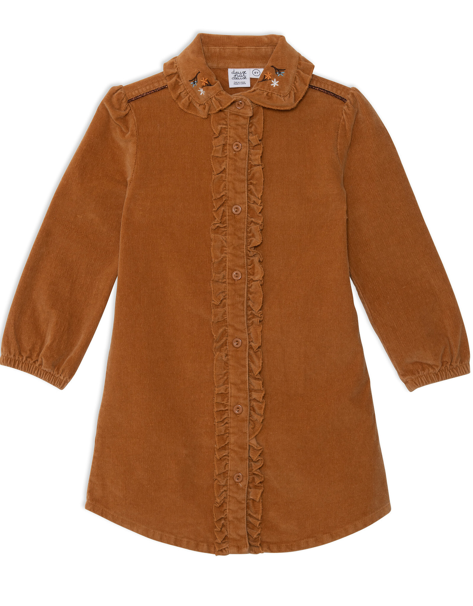 Deux Par Deux Raw Sienna Cord Long Sleeve Dress w/Frill