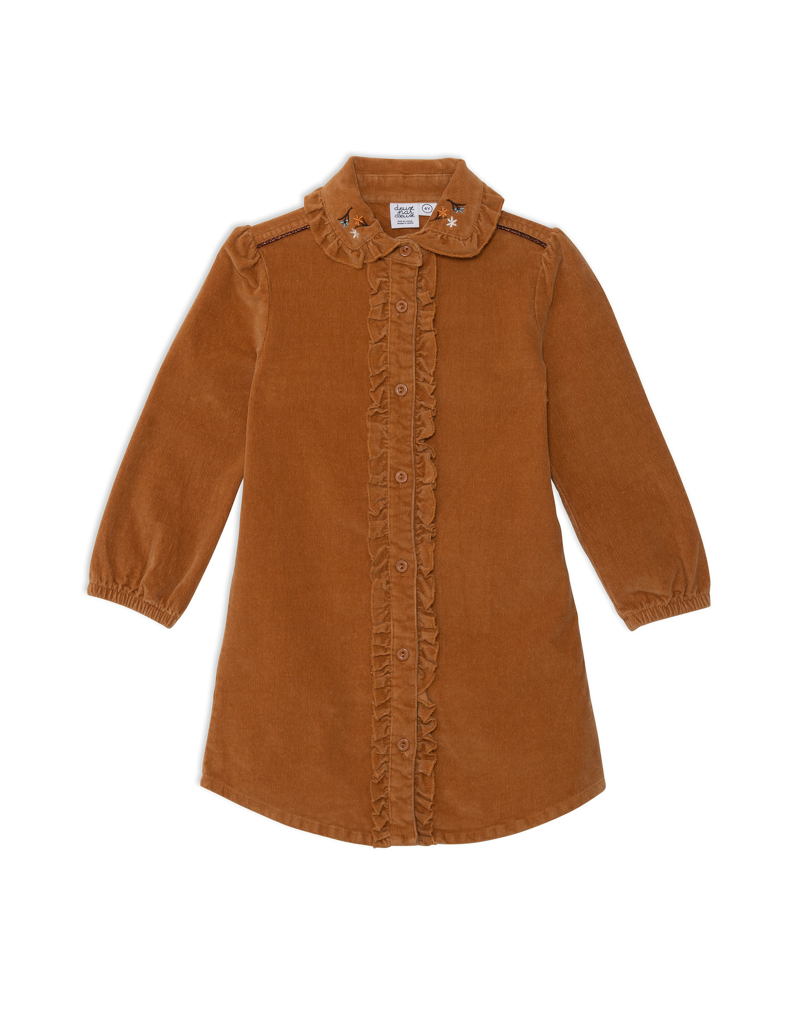 Deux Par Deux Raw Sienna Cord Long Sleeve Dress w/Frill