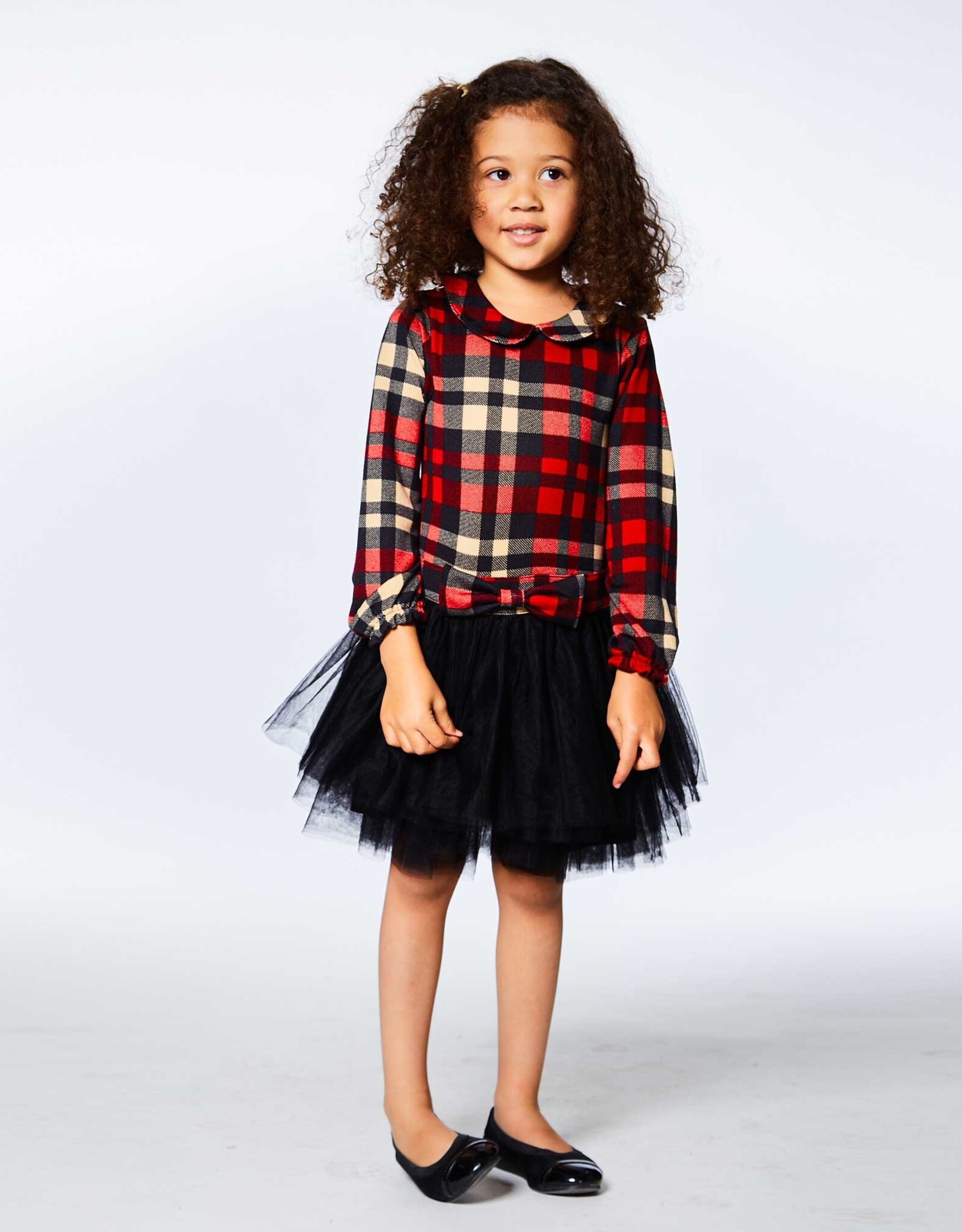 Deux Par Deux Long Sleeve Plaid Dress w/Mesh Skirt