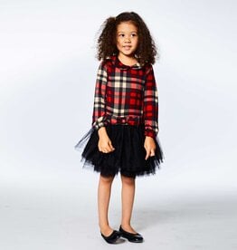 Deux Par Deux Long Sleeve Plaid Dress w/Mesh Skirt