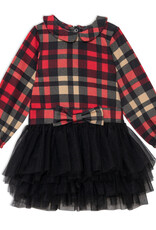 Deux Par Deux Long Sleeve Plaid Dress w/Mesh Skirt