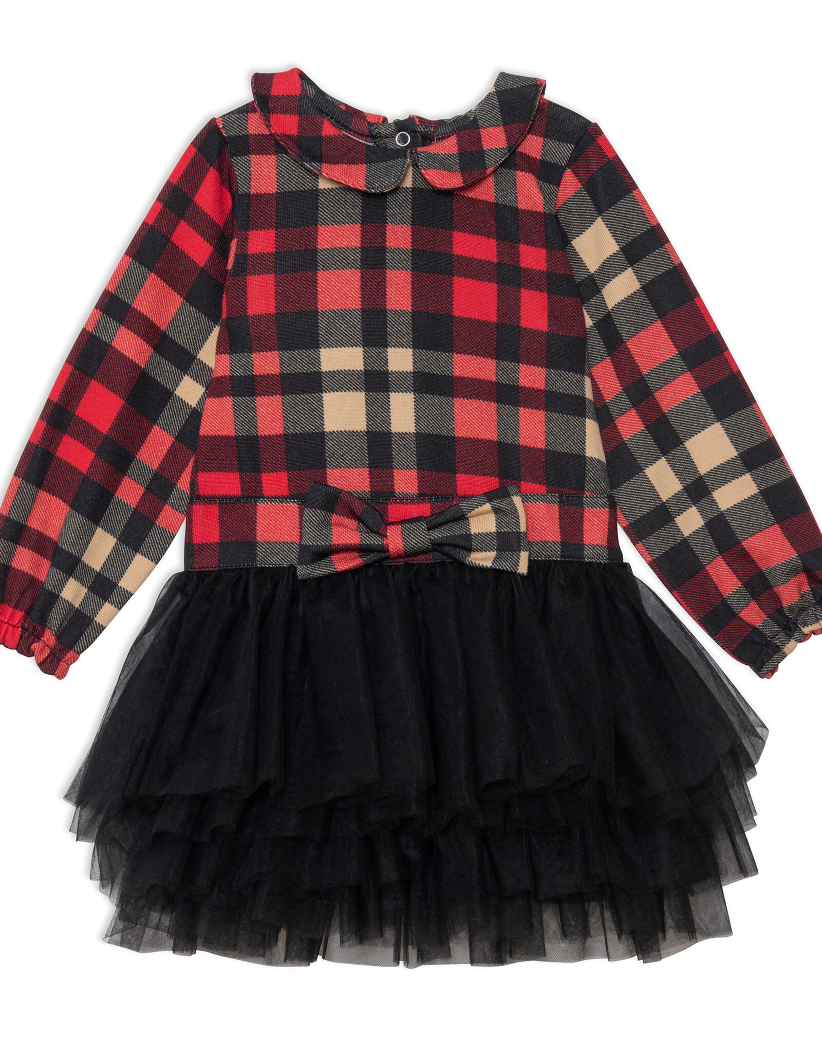Deux Par Deux Long Sleeve Plaid Dress w/Mesh Skirt