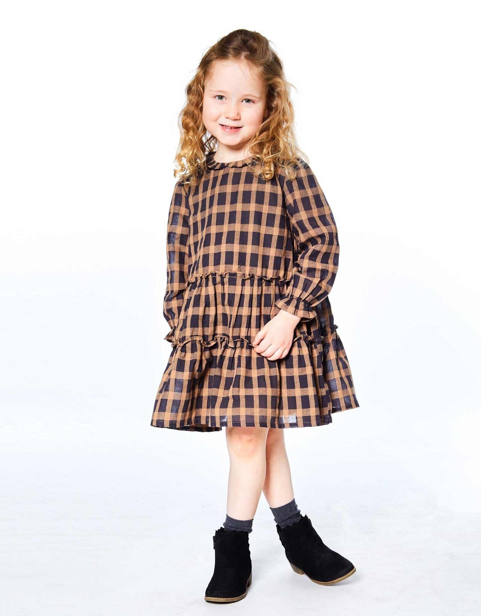 Deux Par Deux Sheer Plaid Long Sleeve Dress