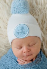 ilybean Nursery Beanie - White Little Brother with Blue Pom