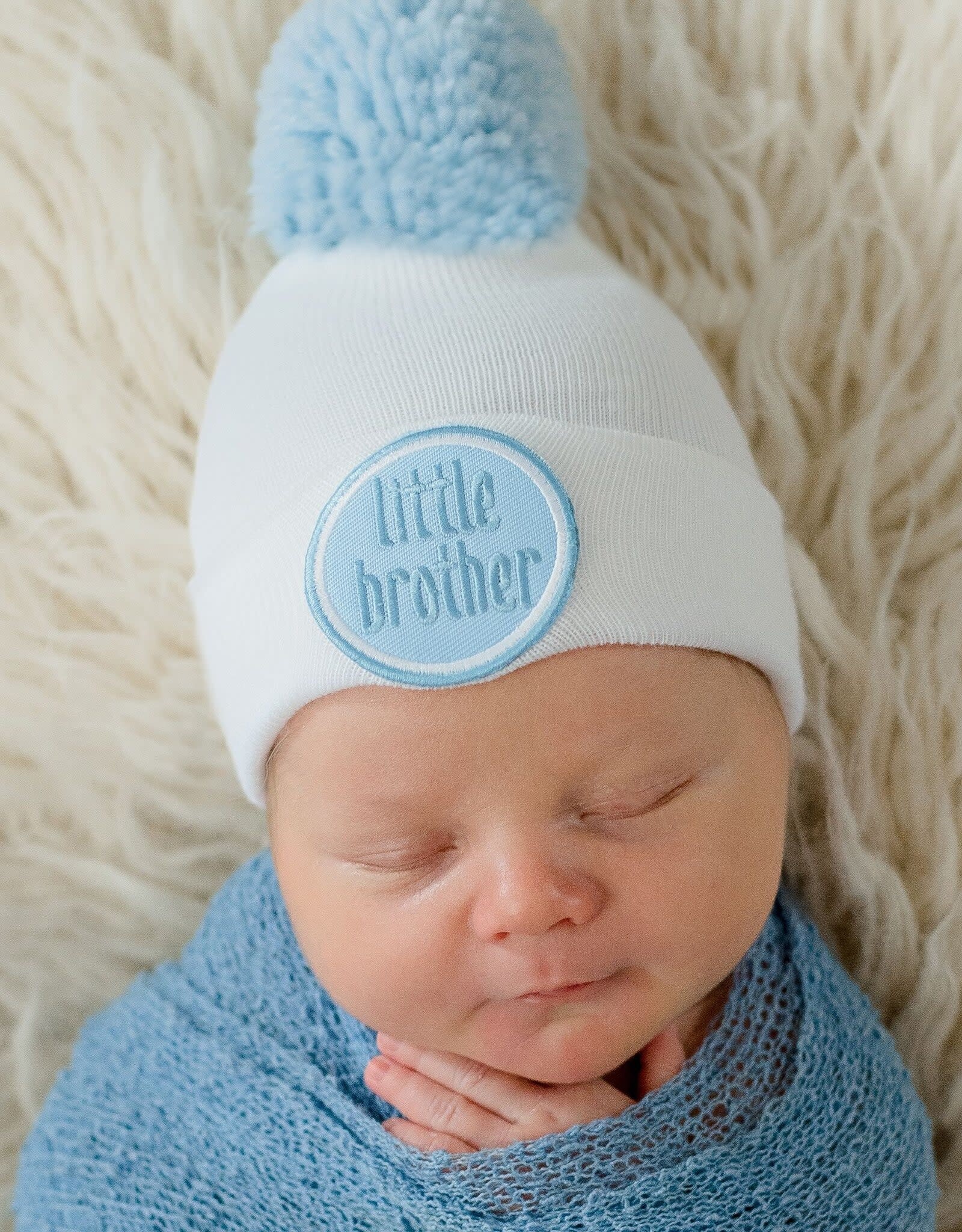 ilybean Nursery Beanie - White Little Brother with Blue Pom