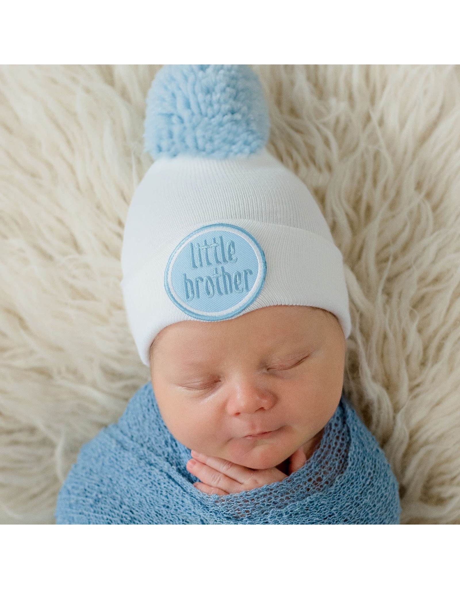 ilybean Nursery Beanie - White Little Brother with Blue Pom