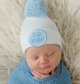 ilybean Nursery Beanie - White Little Brother with Blue Pom