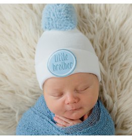 ilybean Nursery Beanie - White Little Brother with Blue Pom