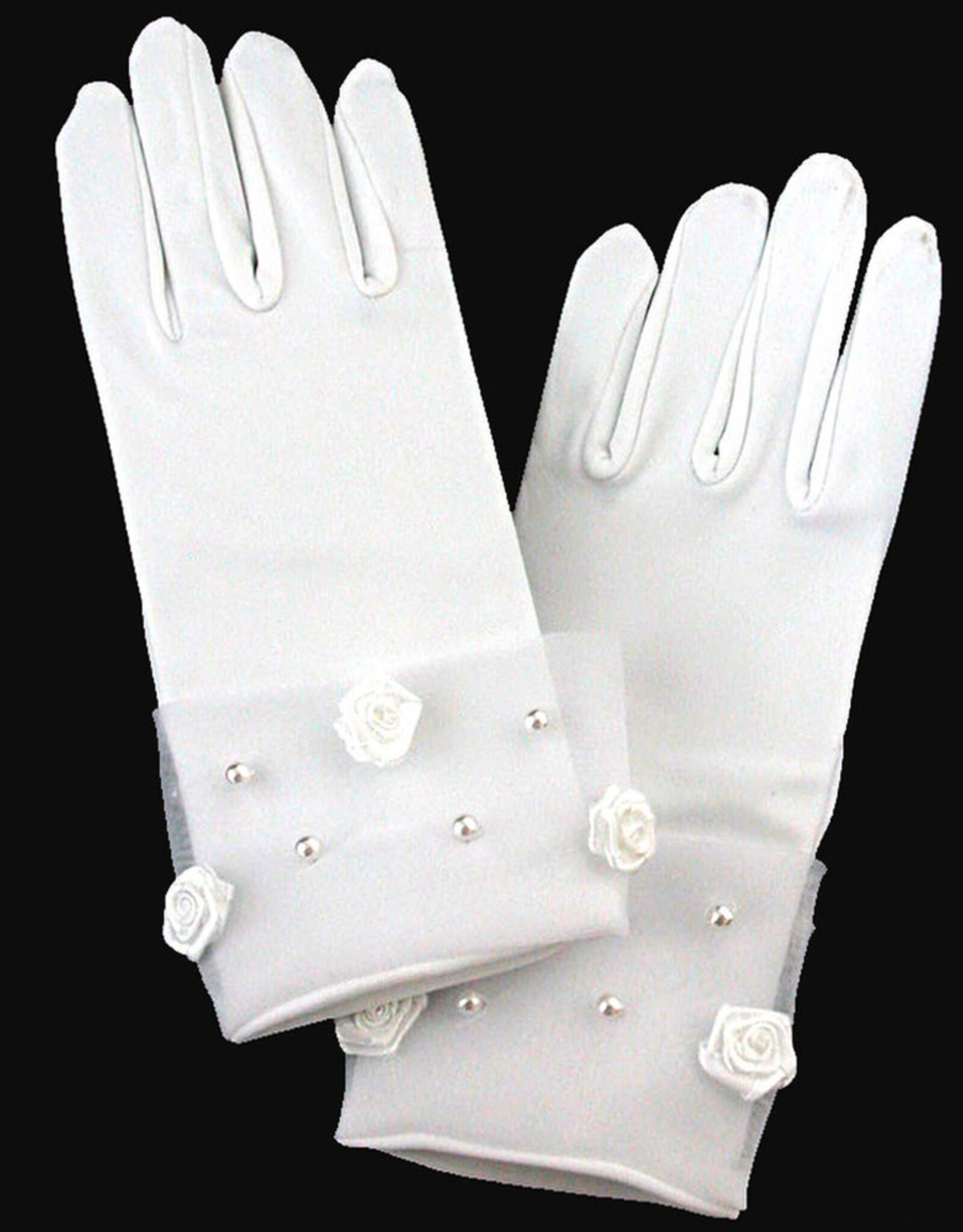Lito Short Satin Gloves with Rosette & Pearl Accents