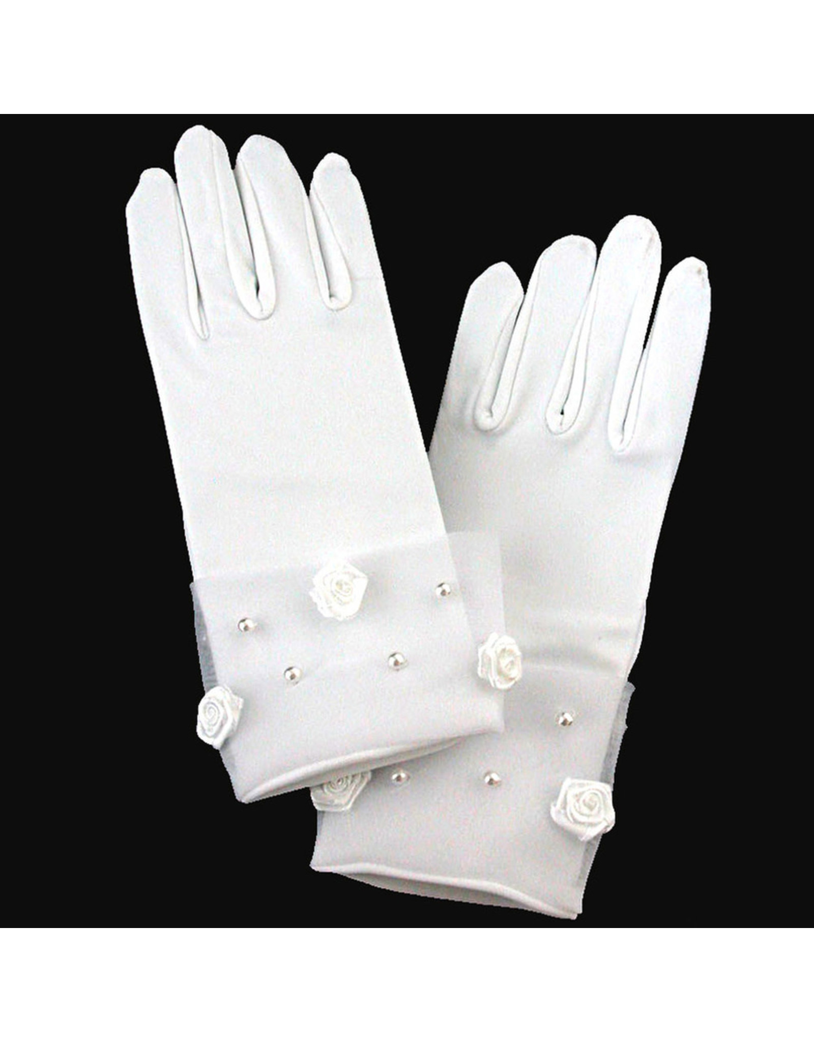 Lito Short Satin Gloves with Rosette & Pearl Accents