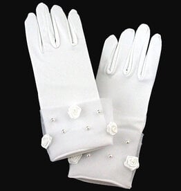 Lito Short Satin Gloves with Rosette & Pearl Accents