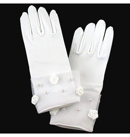 Lito Short Satin Gloves with Rosette & Pearl Accents