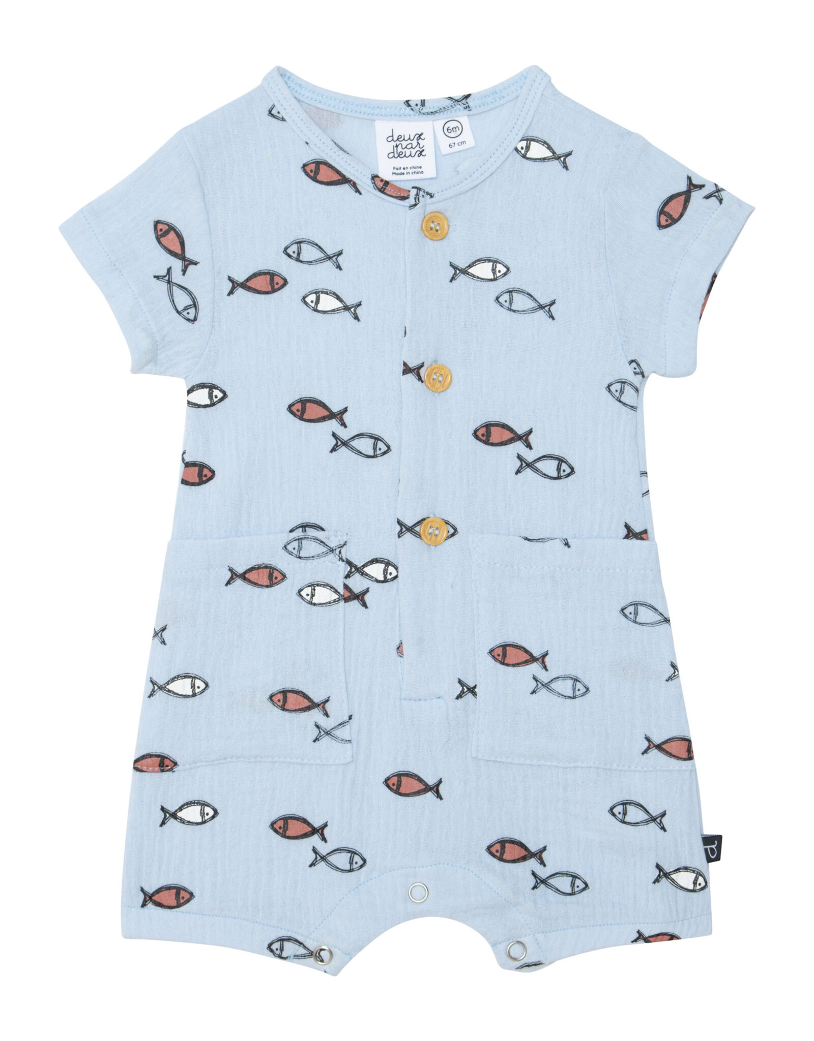 Deux Par Deux Blue Fish Muslin Romper