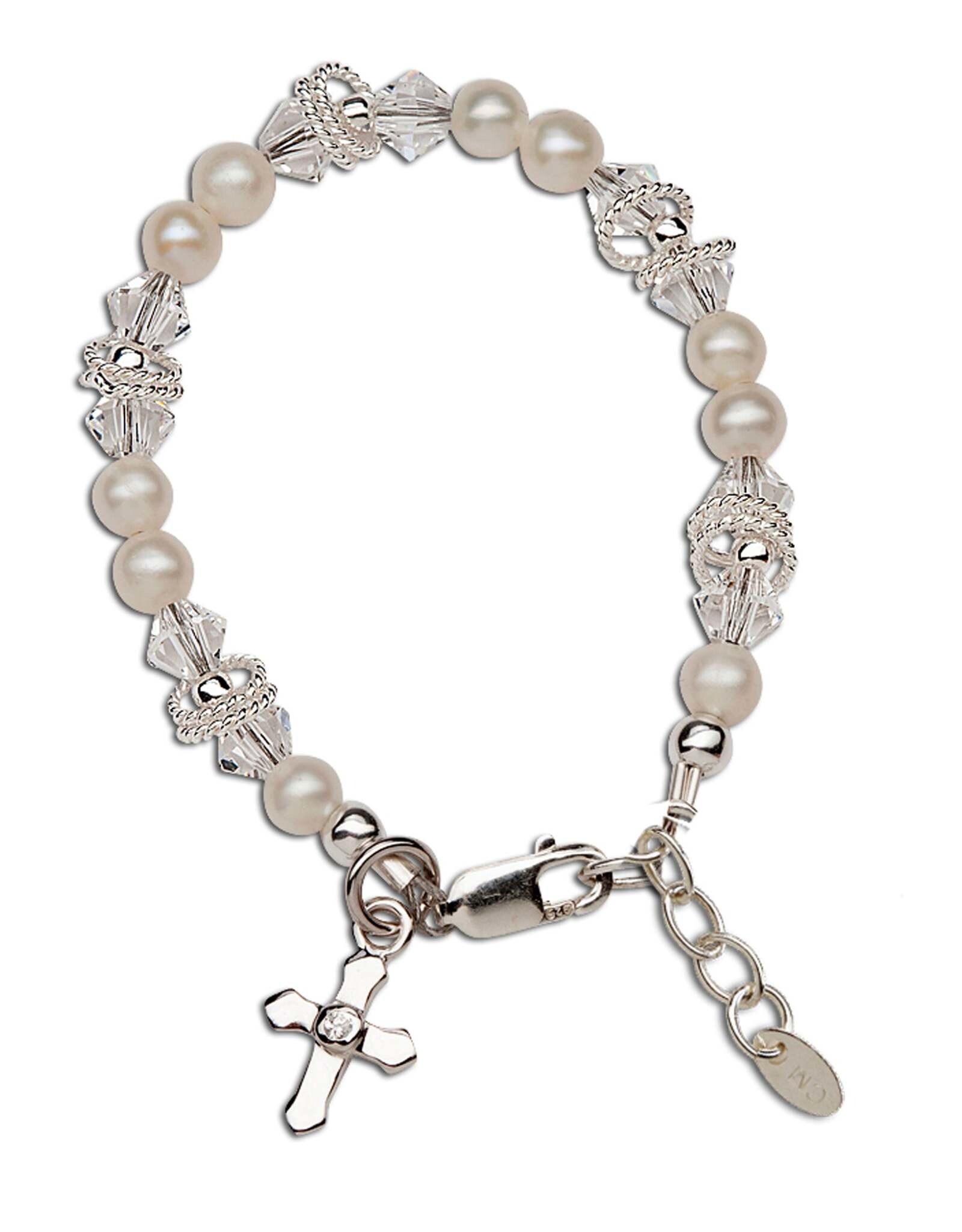 Cherished Moments Krista Sterling Silver and Freshwater Pearl Bracelet w/Cross and Twisted Rings