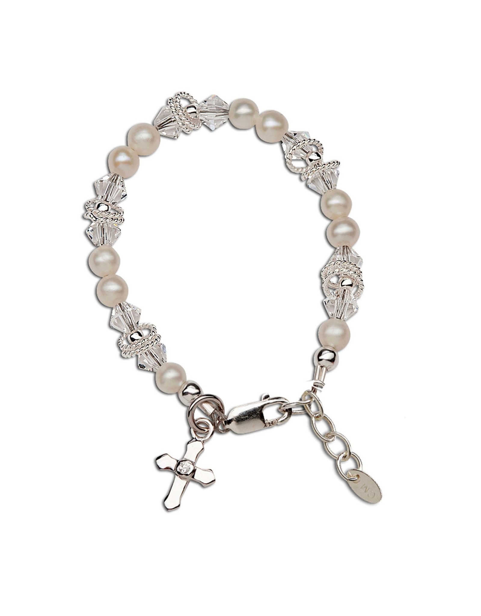 Cherished Moments Krista Sterling Silver and Freshwater Pearl Bracelet w/Cross and Twisted Rings